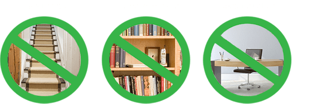 slashed out icons of stairs, bookshelf, and desk